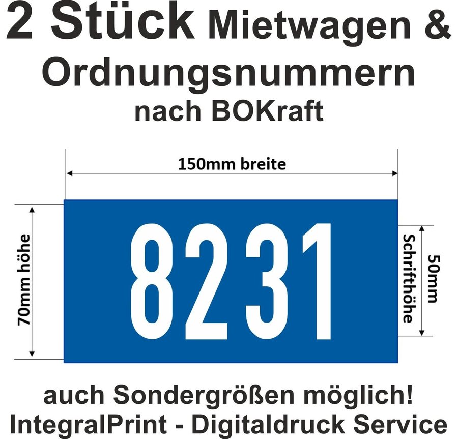 2 Ordnungsnummern-Aufkleber für Mietwagen nach BOKraft, blau mit weißer Schrift, 150 × 70 mm, Schrifthöhe 50 mm